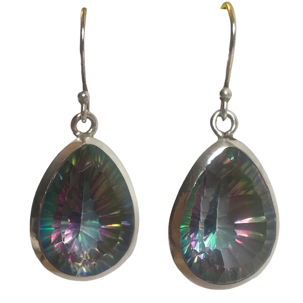 Mystic Quartz Sterling Silver Earrings Pear Handmade Pink Green Healing Stone